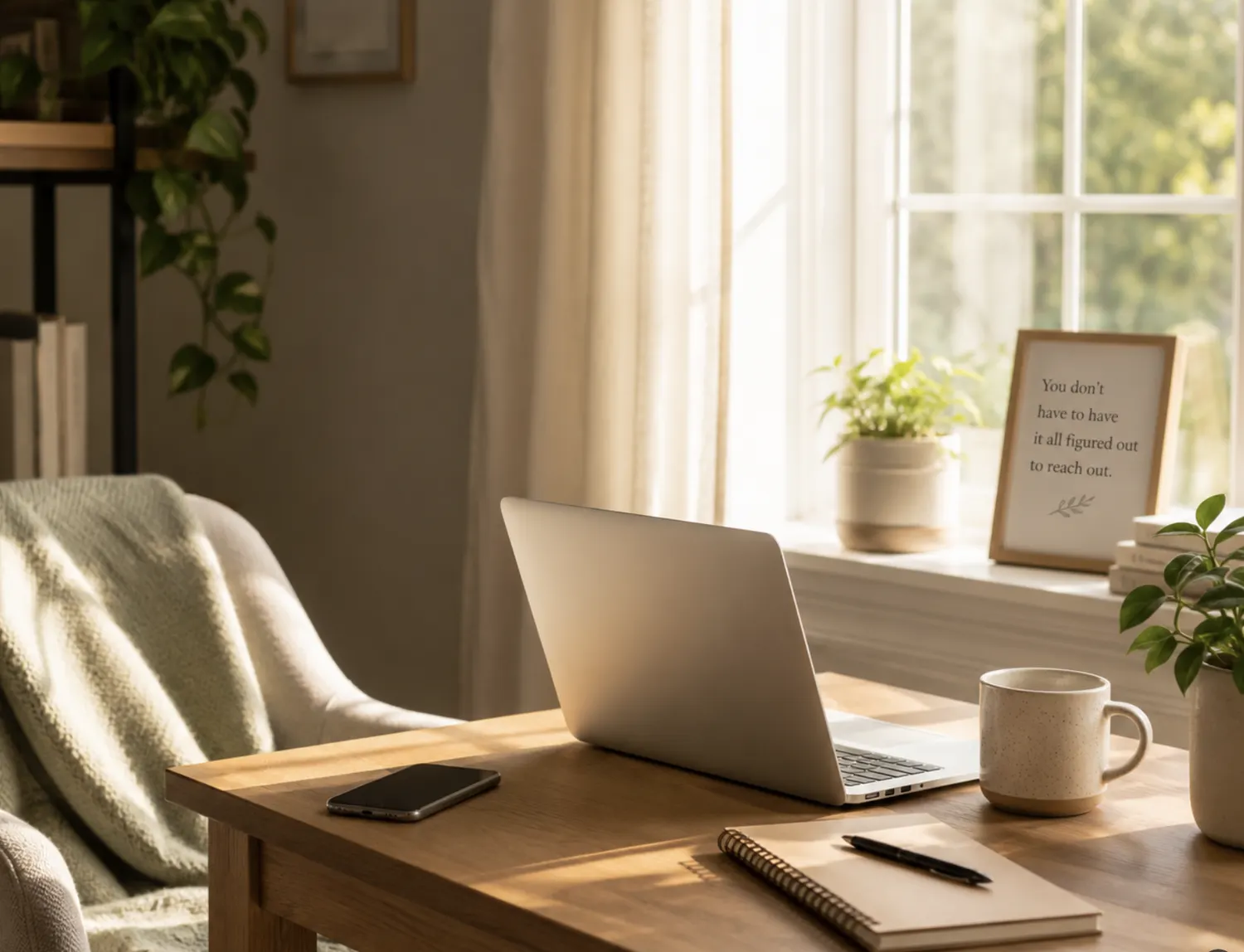 A sunlit desk with a laptop, notebook, and cup of tea by a window